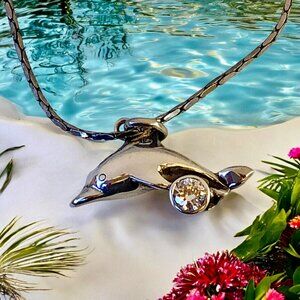 Dolphin Pendant & Necklace Sterling Silver CZ as is